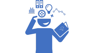 Icon of person looking at a book and their brain filling with knowledge