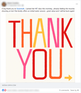Screenshot of a social media testimonial for Wake Up and Workout 