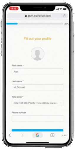 Animated GIF of a mobile screen showing a user filling out their profile on the Feel Good Hub, including fields for first name, last name, time zone, and phone number.