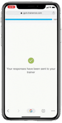 Animated GIF of a mobile screen showing a confirmation message that reads "Your responses have been sent to your trainer," followed by automatic redirection to download the Trainerize app.