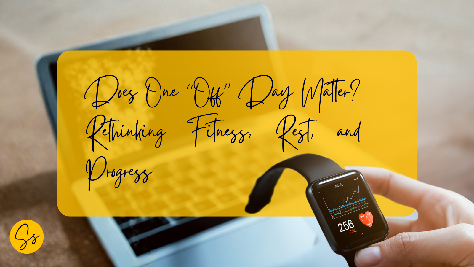 Apple Watch showing activity data held in front of a laptop, illustrating how a single day’s metrics don’t tell the full story of fitness, rest, and progress.