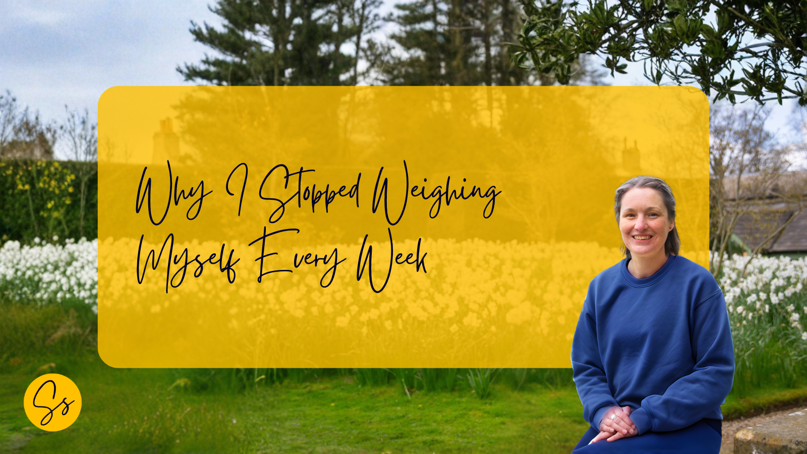 Susannah sitting in a garden setting, representing a reflective approach to health and moving away from weekly weighing.